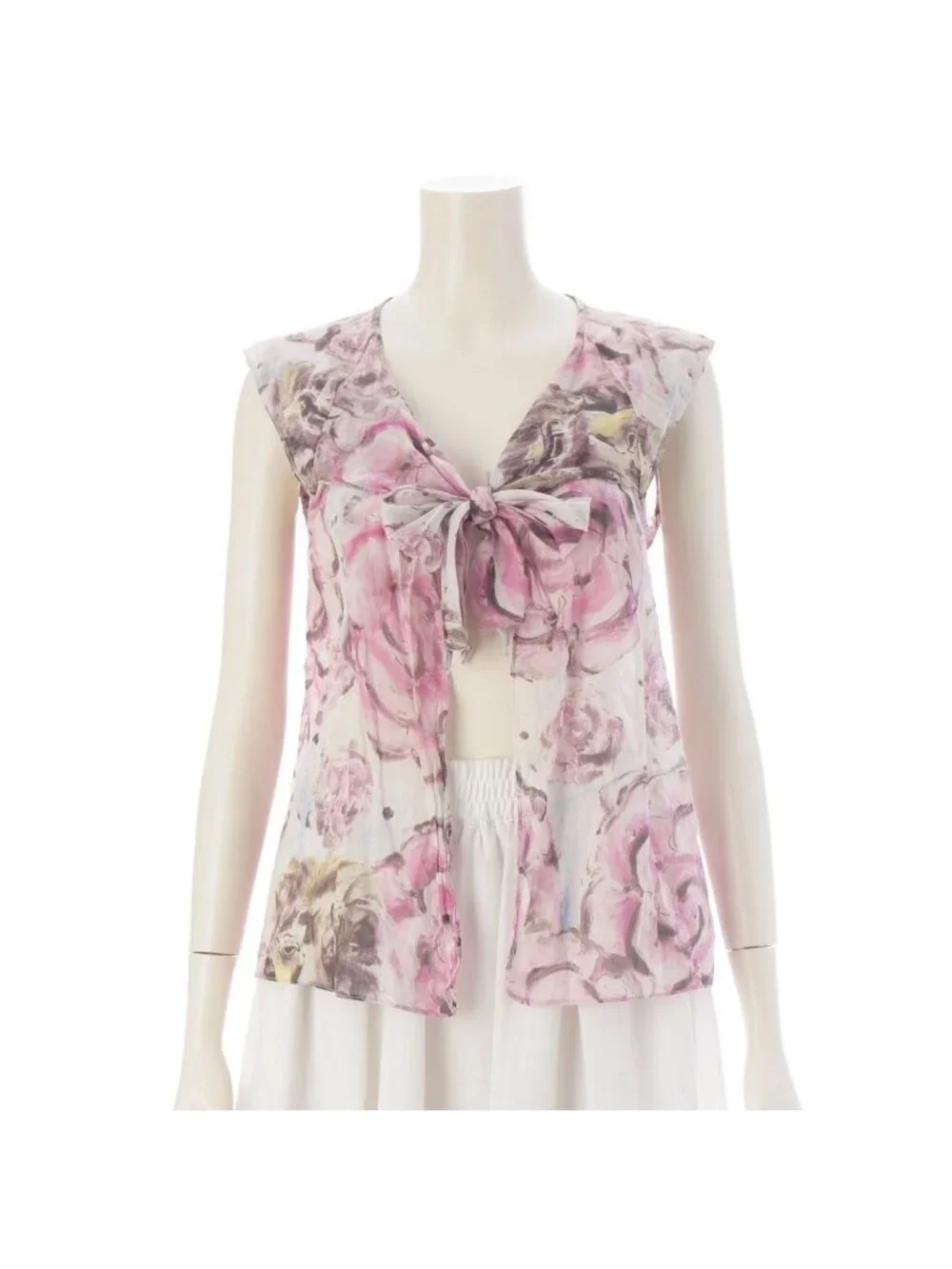 Chanel 09P Camellia Cotton Bow Tie Sleeveless Blouse Top Pink White Yellow 38